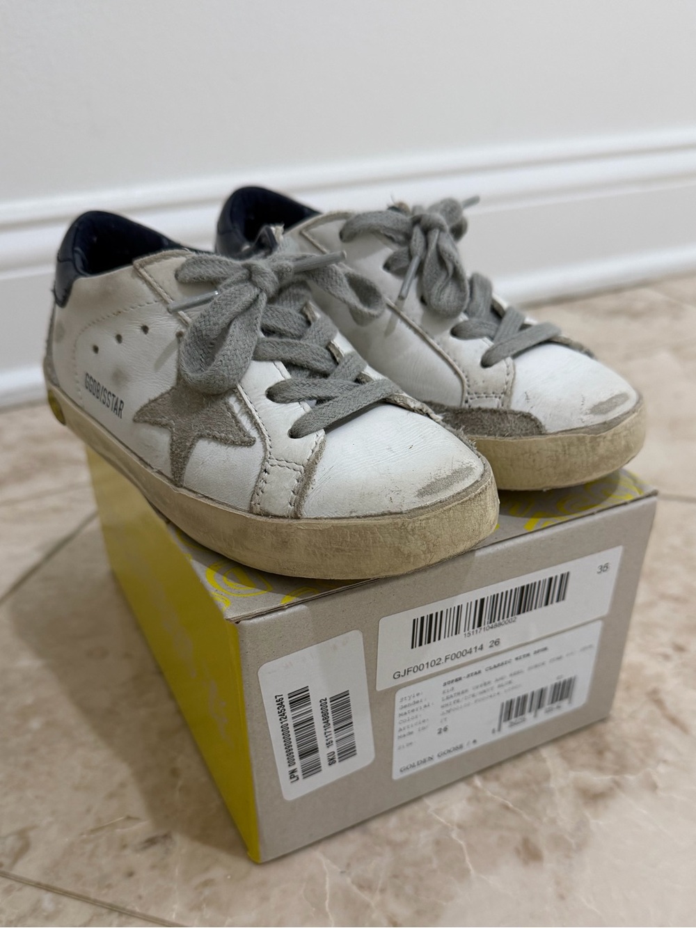 Golden Goose Kids White Sneakers with Gray Star and Navy Heel